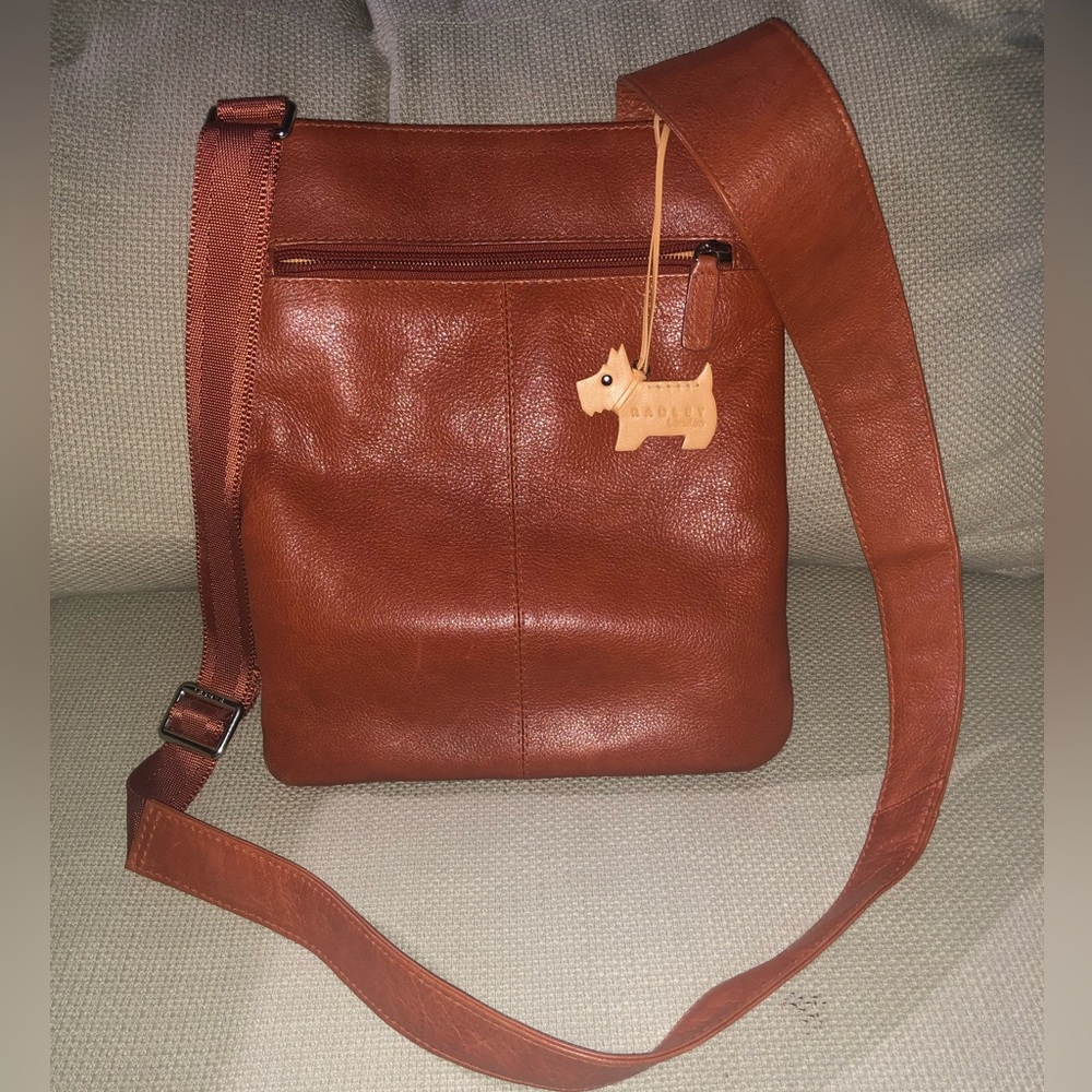 Radley Large Brown Leather Cross Body Bag With Adjustable Strap Dog Logo New